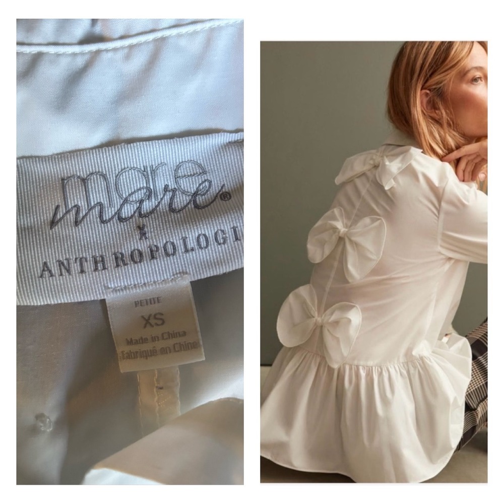 Mare Mare x Anthropologie White Bow Back Peplum Button Down Shirt XS Petite